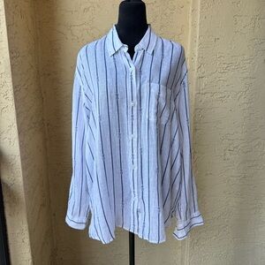 RAILS Charli Pineapple Stripe Shirt Sz L Linen Blend White Navy Button Down Top
